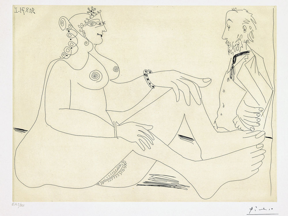 Fig. 12: Pablo Picasso (1881–1973), Prostitute with a Bracelet and Degas with His Hands Behind His Back, 1971 Etching on paper, 14½ x 19⅜ inches Museu Picasso, Barcelona © Museu Picasso, Barcelona 2009 Gasull Fotografia © 2010 Estate of Pablo Picasso / Artist Rights Society (ARS), New York