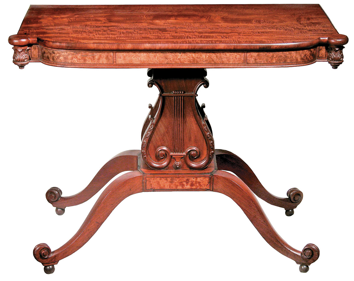 Attributed to Thomas Seymour (1771–1848), Lyre-Based Side Table, circa 1812–1817, Boston, Mass. Mahogany and bird’s-eye maple. H. 28-3/4 in. Private collection. Photography courtesy of the Stanley Weiss Collection.