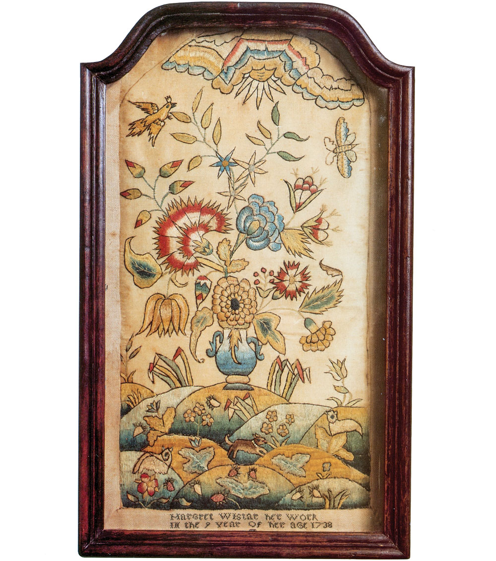 Fig. 2: Sconce, Margaret Wistar, Philadelphia, 1738. Silk on silk satin with linen border. Courtesy Wyck Historic House, Garden and Farm, Philadelphia.
