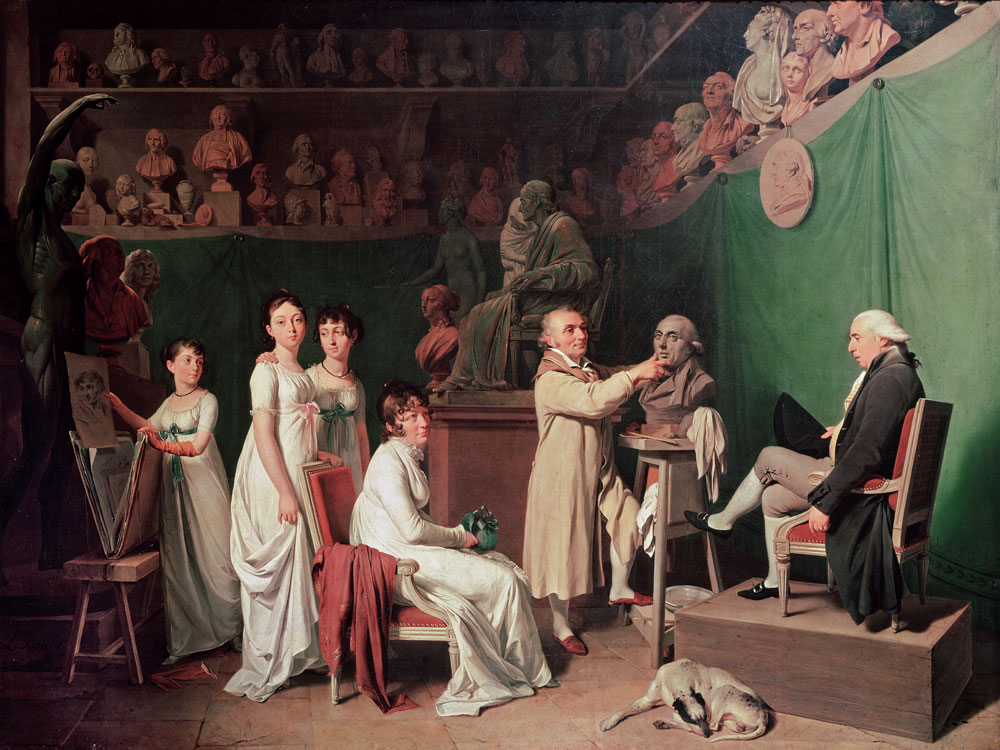 Fig. 6: Louis Léopold Boilly (1761–1845) Jean-Antoine Houdon Sculpting the Bust of Pierre Simon, Marquis de Laplace, in the Presence of his Wife and Daughters, 1804 Oil on canvas Musée des Arts Décoratifs, Paris, France Bridgeman Images Note the bust of Franklin on the shelf above Houdon’s head.