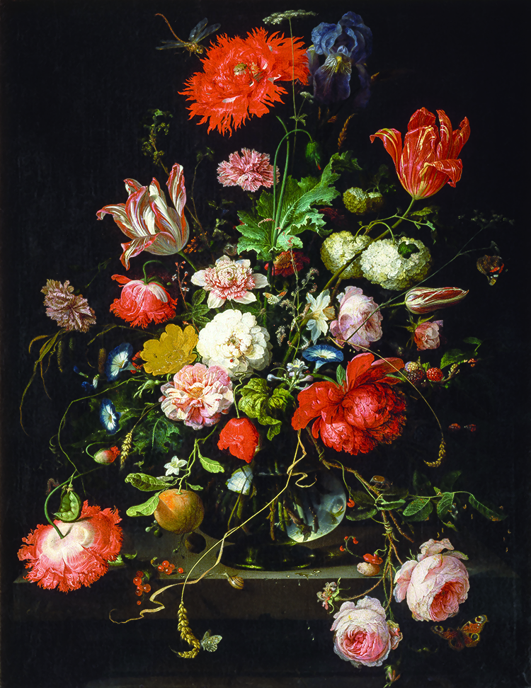 Fig. 10: Abraham Mignon (Dutch, 1637–1679), Flowers in a Crystal Vase Standing on a Stone Pedestal, with a Dragonfly, n.d. Oil on canvas, 34⅝ x 26¾ inches. Courtesy, Musée du Louvre, Paris, Department of Paintings, R.F. 1556, Image: © RMN-Grand Palais / Art Resource, NY. Photography by René-Gabriel Ojéda.