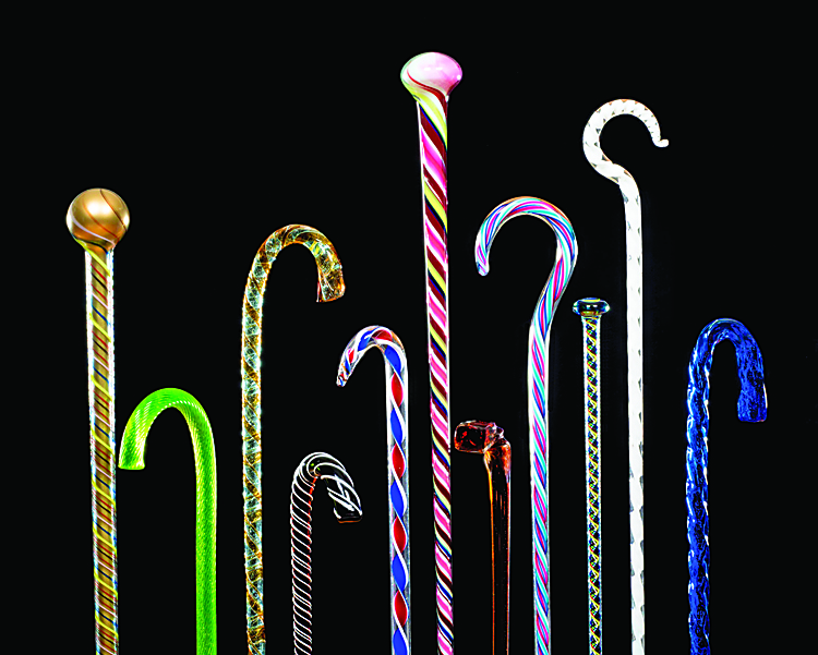 Glass Canes, makers unknown, American and European, ca. 1875–1925. Blown or solid glass, various lengths from 26 to 47 in. Shelburne’s collection of 167 glass canes is the largest in an American museum.