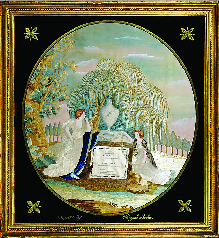 Fig. 1: Mourning embroidery wrought by Abigail Larkin (b. 1796), attributed to the Charlestown Academy, Hannah Spofford, preceptress, Charlestown, Mass., ca. 1810–1815. Silk and watercolor on silk, 24¼ x 22 inches. Collection of the authors. Image courtesy of Hirschl & Adler Galleries.