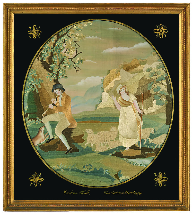 Fig. 2: The Shepherdess of the Alps, wrought by Evelina Hull, at the Charlestown Academy, Hannah Spofford, preceptress, circa 1812. Silk and watercolor on silk, 18¼ by 16½ inches. Collection of The Metropolitan Museum of Art. Gift of Mrs. Joshua Marsden Van Cott (1939.126.1). Image © The Metropolitan Museum of Art.