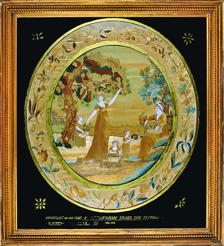 Fig. 3: Needlework wrought by Abigail F. Cunningham, Charlestown Academy, Hannah Spofford preceptress, Charlestown, Mass., 1808. Silk and watercolor on silk, 30¾ by 28¼ inches, framed. Courtesy of Stephen and Carol Huber.