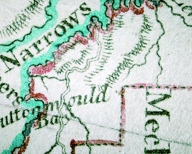 Fig. 3: The pooling of red media at a stopping point and abrupt changes in line width suggest a modern felt tip marker. Detail, A Map of the Inhabited Part of Canada from the French Surveys, with the Frontiers of New York and New England from the Large Survey By Claude Joseph Sauthier, 1777. Etching and engraving, hand colored on laid paper (1972.145).