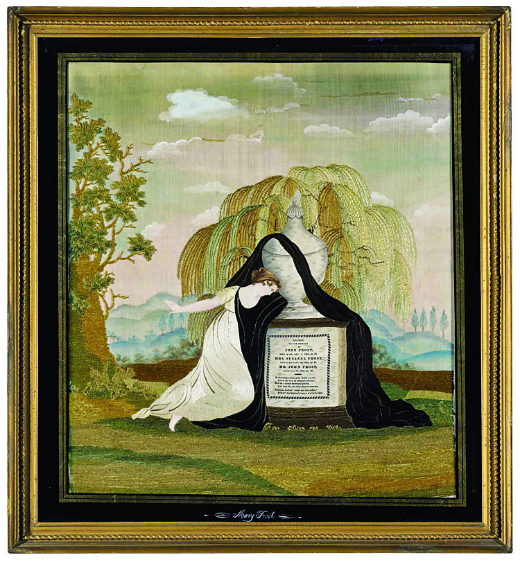 Fig. 5: Mourning embroidery wrought by Mary Frost, attributed to Charlestown Academy, Hannah Spofford preceptress, Charlestown, Mass., ca. 1810–1815. Silk and watercolor on silk, 20½ by 18¼ inches. Previously in the collection of Betty Ring. Image courtesy Stephen and Carol Huber. Courtesy of a private collection.