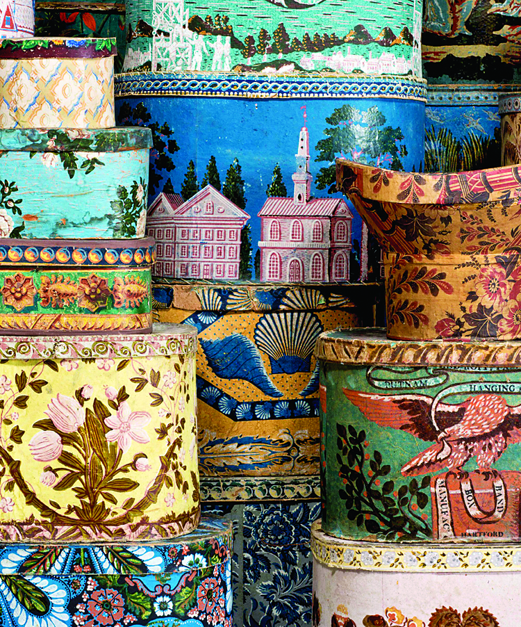 Hat and bandboxes (detail), New England, 1825–1850.