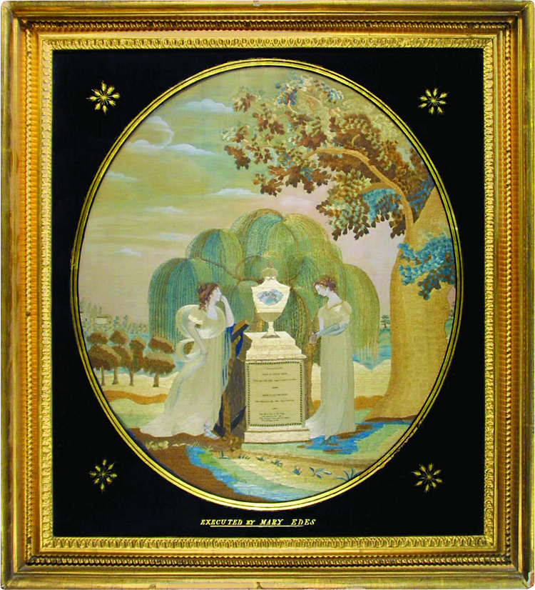 Fig. 6: Mourning embroidery wrought by Mary Edes, attributed to Charlestown Academy, ca. 1810–1815. Silk and watercolor on silk, 30¼ by 27¼ inches. Courtesy of Historic New England.