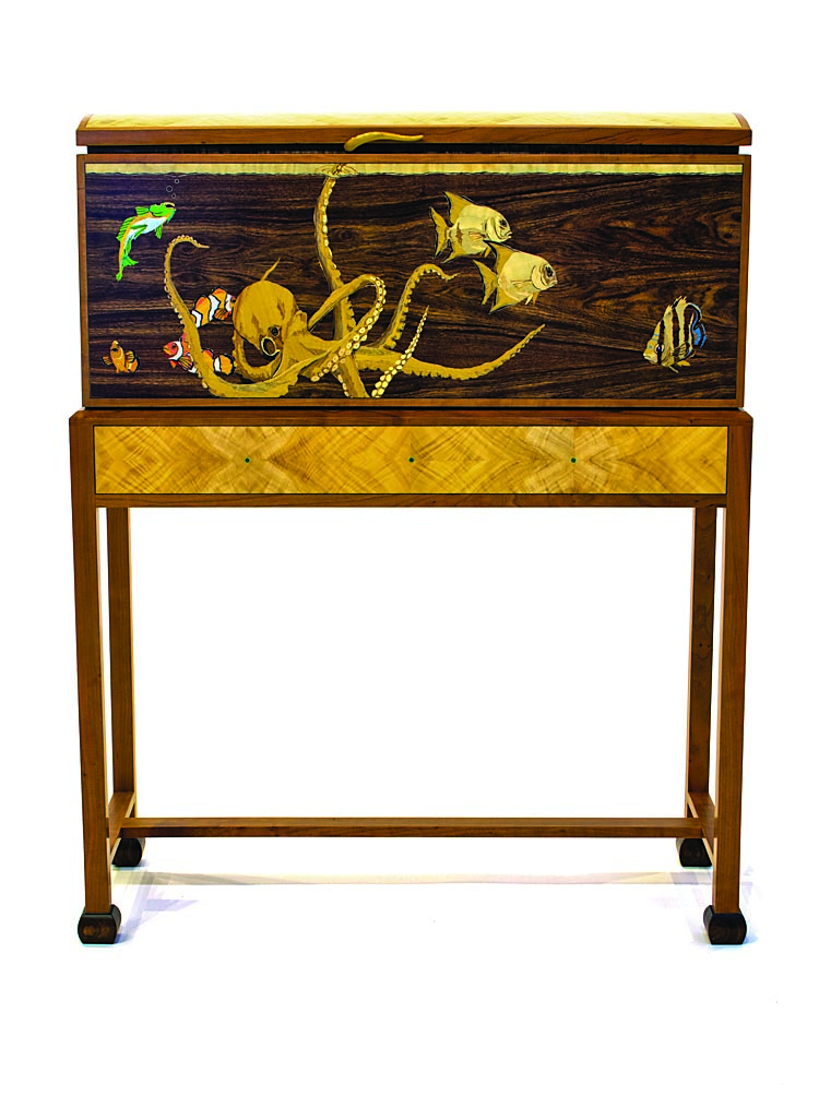 Fig. 7: Silas Kopf (b. 1949), Aquarium, Easthampton, Massachusetts, 2011. Cherry, aspen crotch, granadillo, satinwood; marquetry of various woods; brass, mother-of-pearl, stone; aromatic cedar; 47 x 38 x 16 inches. Fuller Craft Museum, purchase in honor of Jonathan L. Fairbanks with funds provided by the Deaccession Fund (2012.12). Photograph by Alex Hochstrasser.
