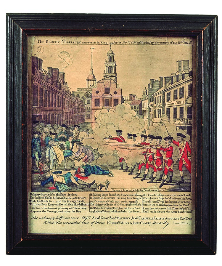 Fig. 8: Paul Revere II (1734–1818), The Bloody Massacre, Boston, Mass., 1770. Paper, ink, and watercolor, 1013⁄16 x 9⅜ inches. (0864). Historic Deerfield, Inc., Deerfield, Mass. Photography by Amanda Merullo.