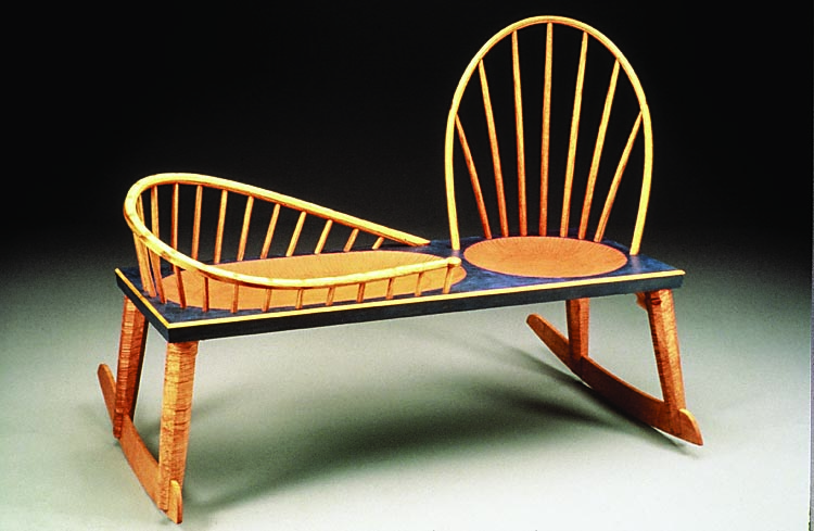 Fig. 8: Mitch Ryerson (b. 1955), Nanny Rocker, Medford, Massachusetts, 1992. White pine, curly maple, oak, milk paint, oil finish; 39 x 49 x 32 inches. The Art Complex Museum, Duxbury, Mass. Photography by Alex Hochstrasser.