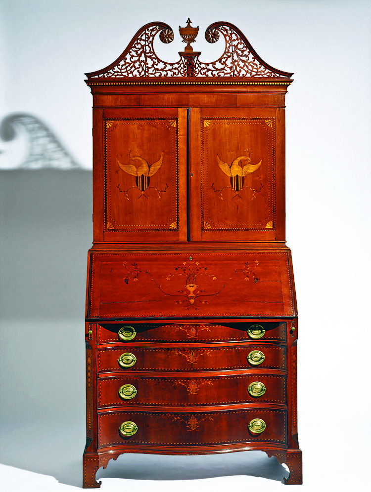 Fig. 9: Desk and bookcase, attributed to Nathan Lombard, Sturbridge or Sutton, Massachusetts, 1800–1805. Cherry with mahogany, basswood, and white pine; H. 92½, W. 42½, D. 21⅜ in. Winterthur Museum, bequest of Henry Francis du Pont (1957.885).