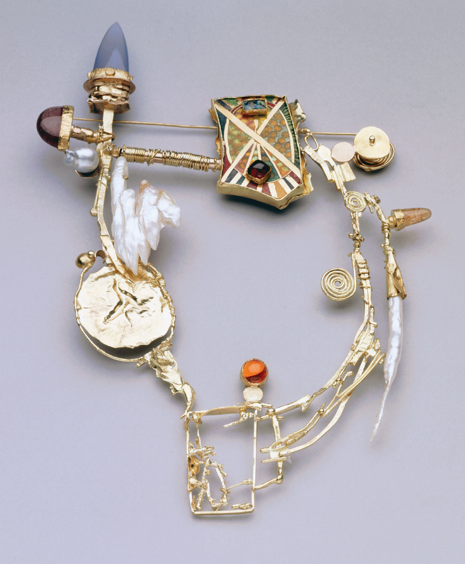 Fig. 1: Grand Barbarian’s Trapeze brooch, William Harper, United States, 1998. Enamel, gold, gemstones, pearls; 9¾ x 7 inches. Purchase 2000 Membership Endowment Fund (2000.14a).