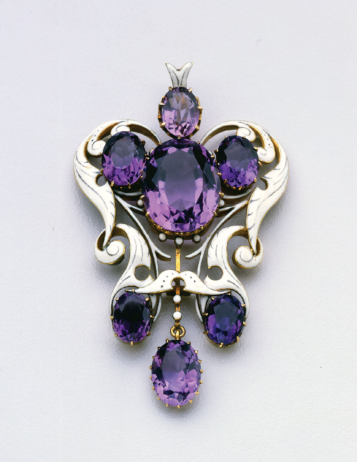 Fig. 2: Pendant in the Renaissance style, Charlotte (Mrs. Philip) Newman (active 1860–1910), London, England, ca. 1890. Amethysts, gold, enamel; 2⅜ x 1½ inches. Purchase 2004; Friends of Decorative Arts Fund (2004.15.1).