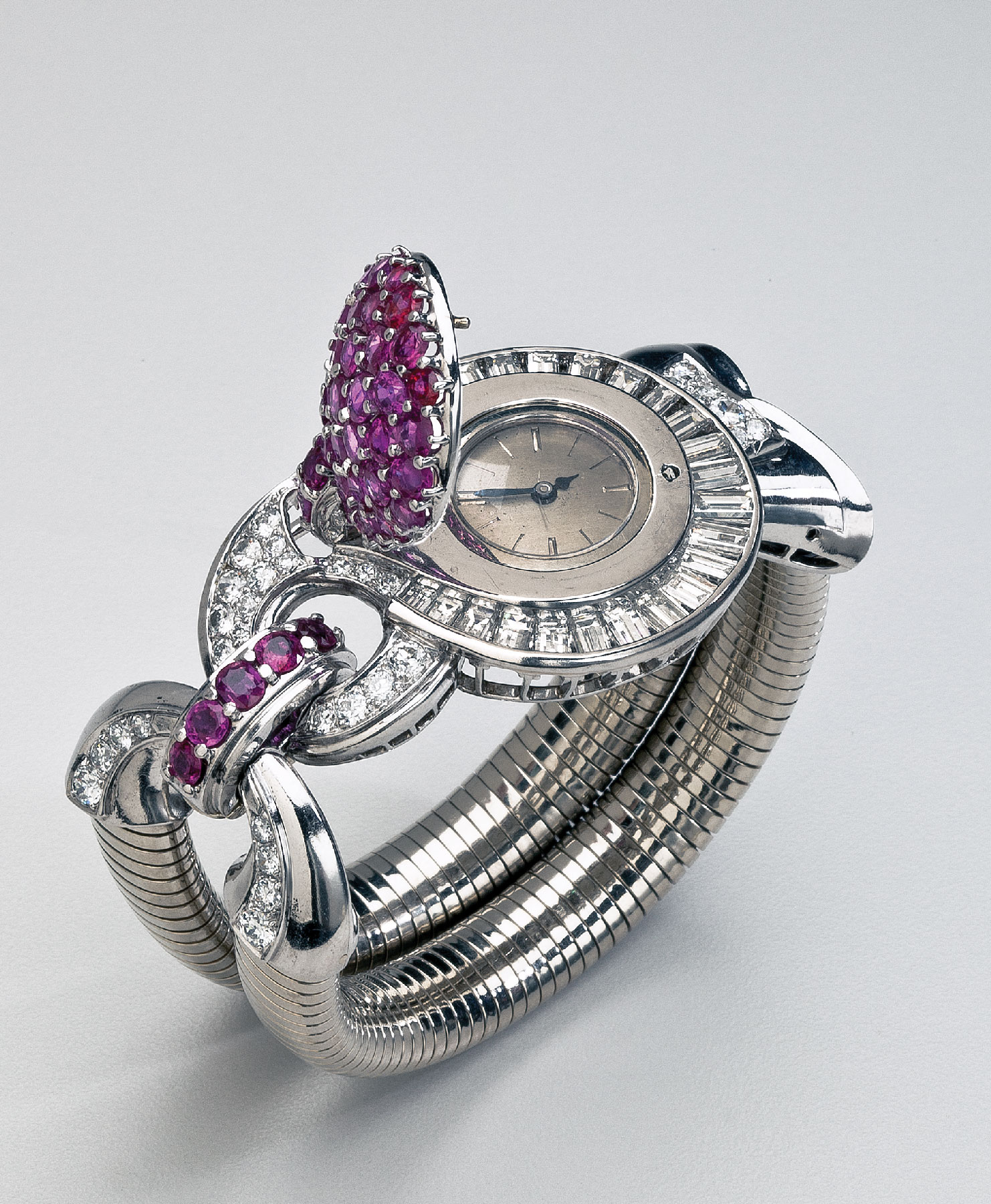 Fig. 4: Bracelet watch, Paul Lackritz & Co., Chicago, 1935–1940. Rubies, diamonds, platinum, white gold; L. (open) 6½ inches. Purchase 2007; Friends of the Decorative Arts (2007.7).