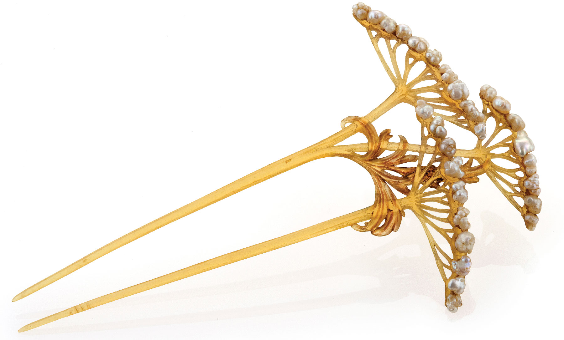 Fig. 8: Hair ornament in form of ombelles, Lucien Gaillard (dates?), France, ca. 1900. Horn, pearls; 5½ x 3⅜ inches. Purchase 2012; Mr. and Mrs. William V. Griffin Fund (2012.51.1).