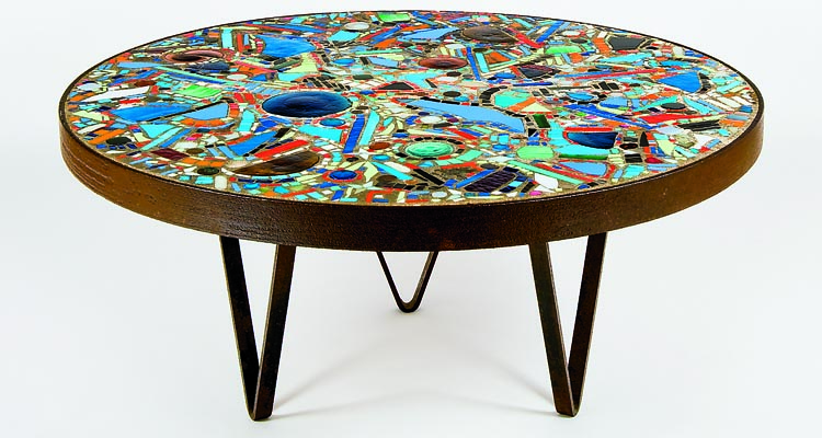 Fig. 1: Lee Krasner, Mosaic Table, 1947. Mixed media including broken glass, keys, coins, ceramic, pebbles, cement, iron wagonwheel, and steel. H. 21 (55.2 cm), diam. 46 in. (118.7 cm). Private collection, Courtesy, Michael Rosenfeld Gallery, New York, NY.