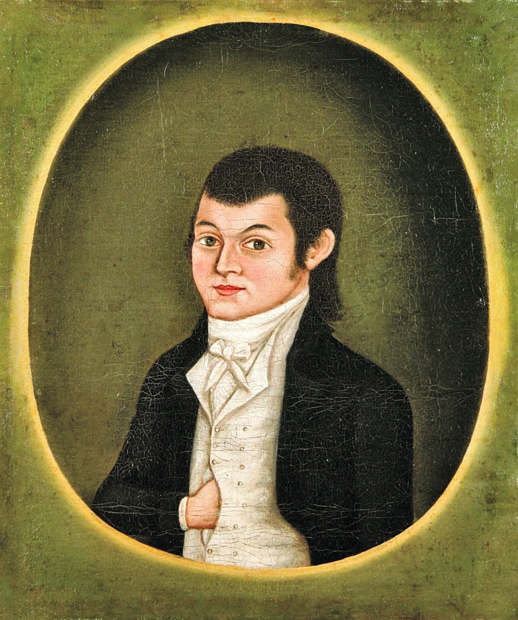 The superb Phillips portrait above the mantelpiece is of Helen Lena Ten Broeck (1803–1839) and is inscribed by the artist with her name and the date, 1834. She is seated on a black Federal sofa with brass upholstery tacks, a frequent prop for the artist, and wears a remarkably tactile green velvet dress embroidered with black leaf and vine decoration on her belt and cuffs and which has finely detailed translucent white lace on its collar. She holds a red book, the color of which heightens the visual drama of the work, complementary colors emphasizing each other in opposition. The painting has a deep mahogany colored background, against which the sitter stands out in sharp relief, rhythmically outlined. Her pale face is luminous beneath the exaggerated rolls of her hair. The painting is in its original dark green-painted frame with a raised painted yellow edge.
