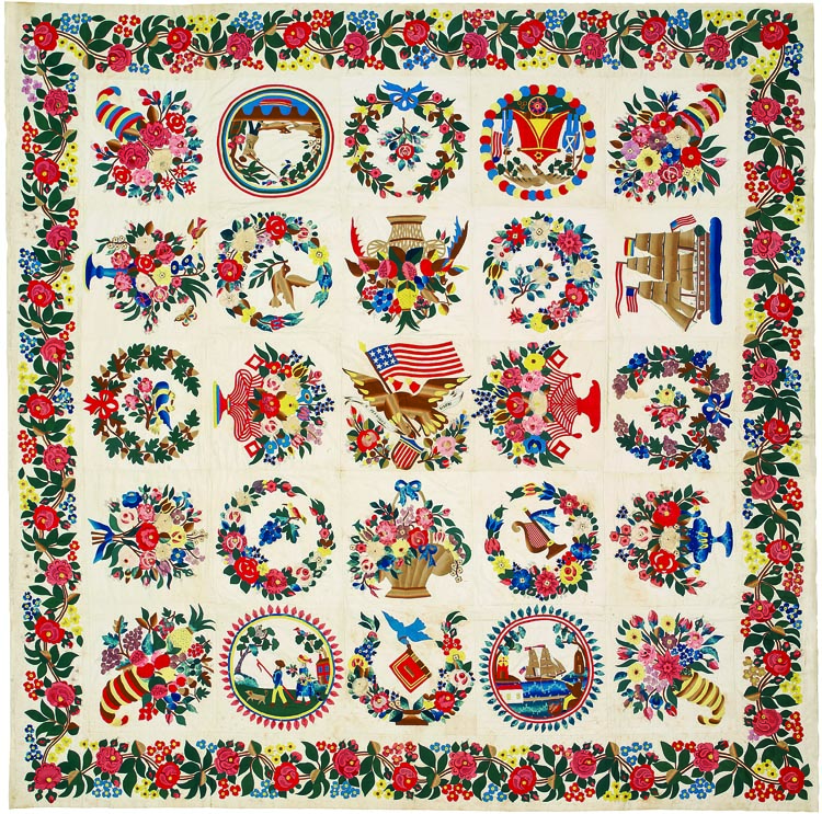 In the stairway hangs an appliquéd Baltimore Album Quilt, 1848–1852, by Elizabeth MacCullough Hervey. Of the twenty-five blocks, three within rings are unique to this otherwise classic quilt, and the image of the fisherman is unknown in any other example.