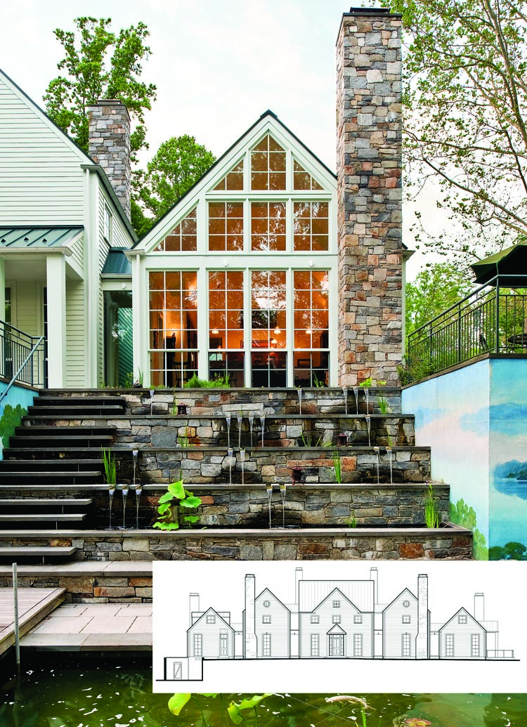 The landscaping uses native plants, emphasizing the woodland feel. In the back of the house, a series of waterfall steps lead down to a koi pond and a swimming pool. The view here is from the pond looking into the solarium seating area off the large modern kitchen.