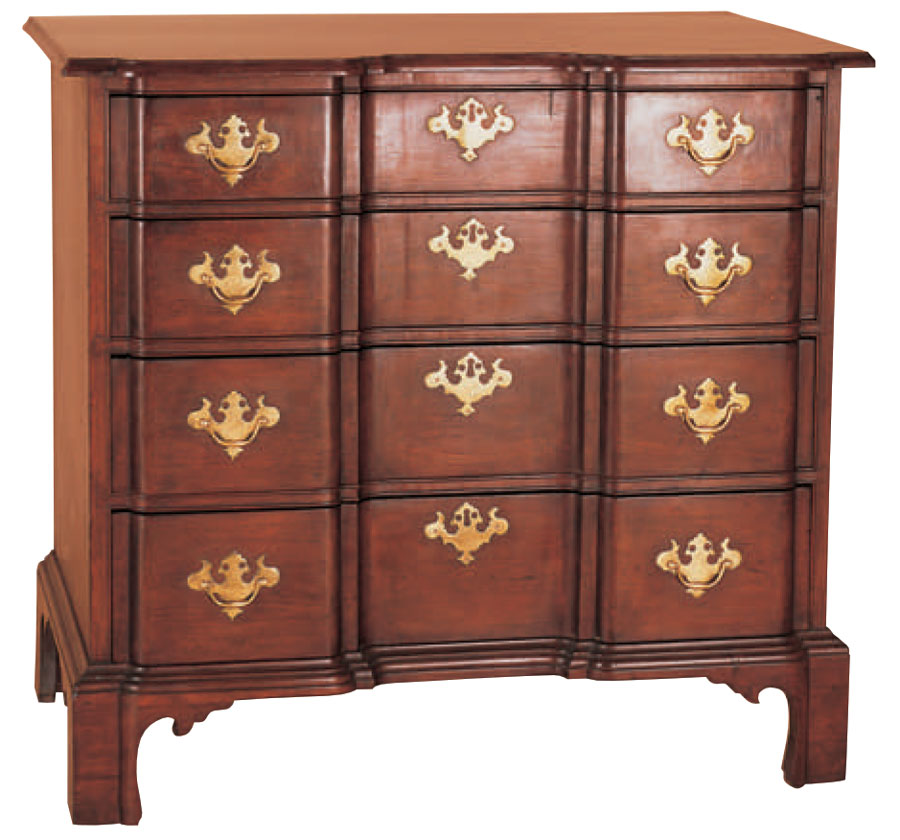 Fig. 4: Chippendale cherrywood block-front chest-of-drawers, school of Eliakim Smith, Northampton-Springfield area of Massachusetts, circa 1770-1790. Photo courtesy of Wayne Pratt, Inc., now in a private collection.