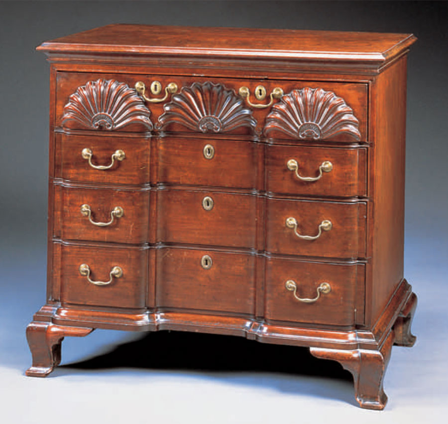Fig. 1: The Sarah Slocum Chippendale mahogany block-and-shell carved chest-of-drawers labeled by John Townsend (1732-1809), Newport, dated 1792. Photo courtesy of Christie’s, Inc.