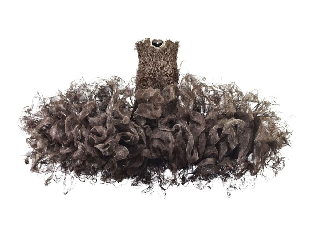 Iris van Herpen (Dutch, born 1984), Refinery Smoke, Dress, July 2008. Untreated woven metal gauze, cow leather, cotton. Groninger Museum, 2012.0196. Photo by Bart Oomes, No 6 Studios. © Iris van Herpen.